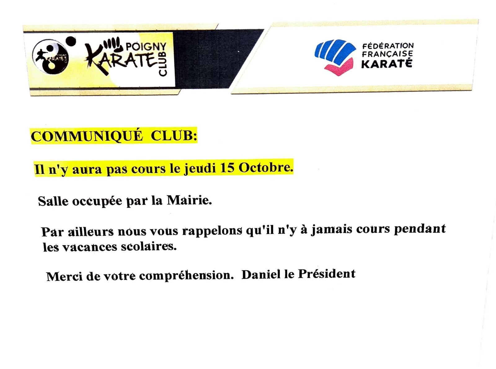 Pas de cours le 15 octobre